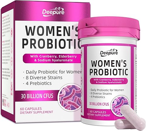 Deepure Probiótico para mujeres con extracto de arándano, 60 cápsulas de suplemento prebiótico diario para el bienestar digestivo del intestino