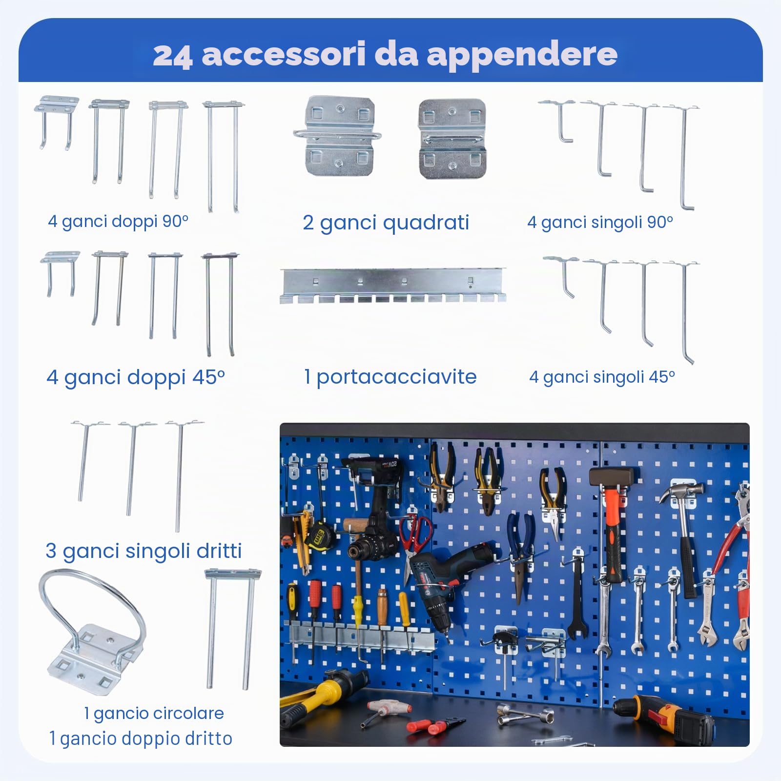 SOARS Banco da Lavoro, Organizer per Attrezzi in Metallo con 3 Pannelli Perforati con Kit di 24 Ganci, 2 Cassetti e 2 Ripiani, Banchi da Lavoro per Officina, Garage (Blu, 121 X 61 X 156 CM)