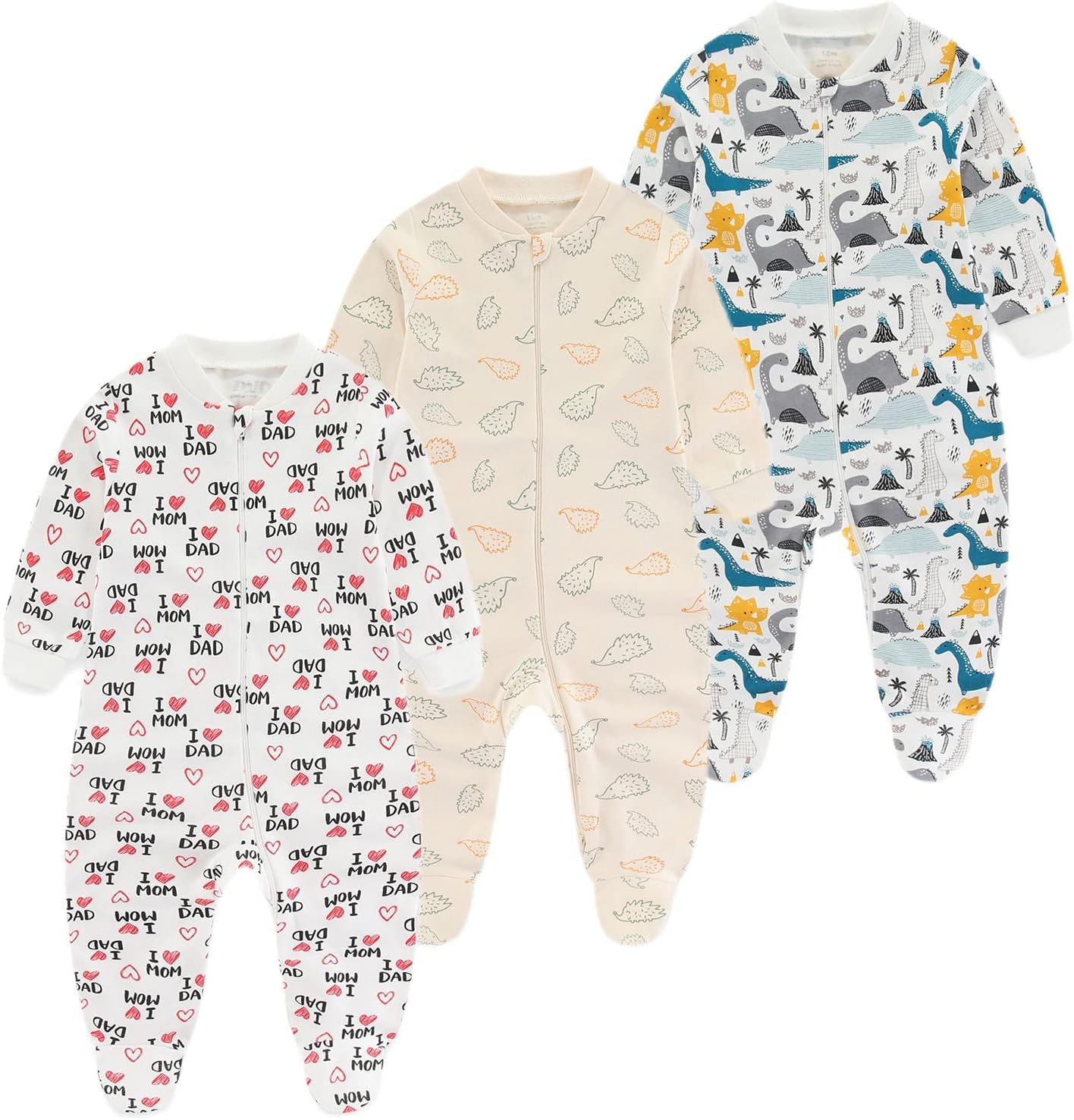 Newborn Baby Boy Girl Cotton Bodysuit Unisex Infant Zipper Long Sleeve Jumpsuit 3-Pack Outfits Clothes,0-12Months
