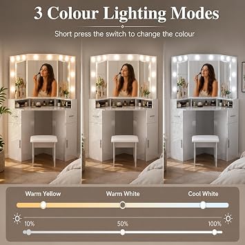 Corner Dressing Table with LED lights,Vanity Table with 2 Drawers and Stool, Makeup Desk with 3-Panel Mirror and Storage, Adjustable 3Colors and Brightness Vanities Desk for Bedroom (NEW White)