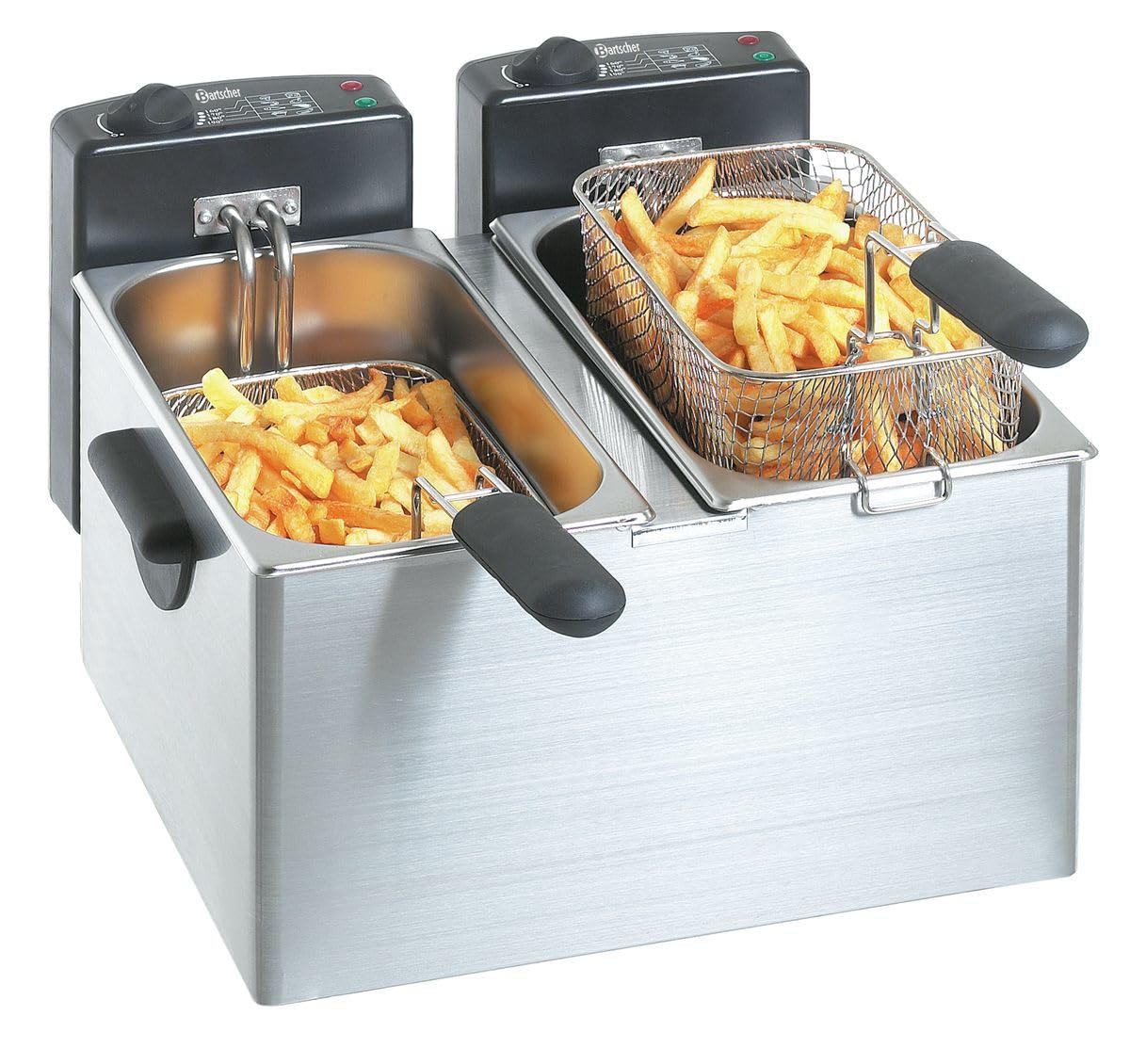 Bartscher Fritteuse MINI III Elektro Tischgerät mit 2 Becken und Körben, Edelstahl, 2 x 4 l, für Gastronomie, herausnehmbares Heizelement
