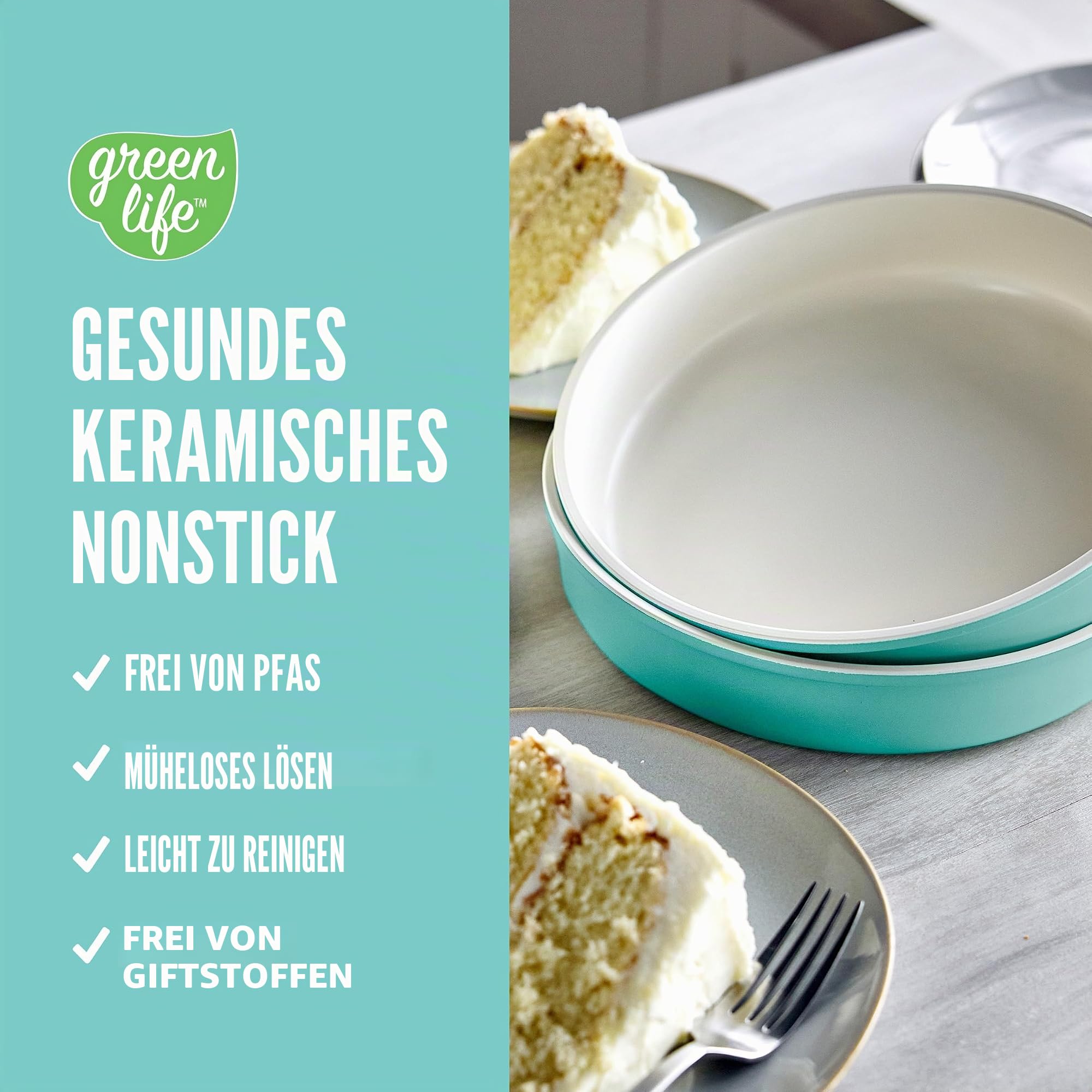 GreenLife 6-teiliges Antihaft-Backformen-Set, ungiftig, PFAS-freie Keramik, Ofenpfannen, spülmaschinen- und ofenfest bis 230 °C, leicht zu lösen, Backblech, Kastenform, rechteckiger und runder Kuchen