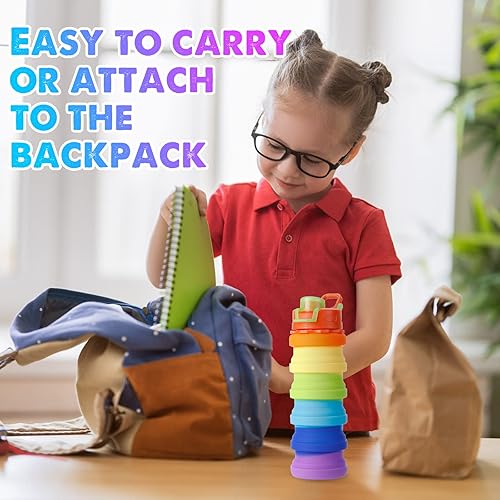 Miniatura 6 de 8 botellas de agua plegables de silicona para viaje, 16 onzas, reutilizables, a prueba de fugas, plegables con clip para camping, senderismo,