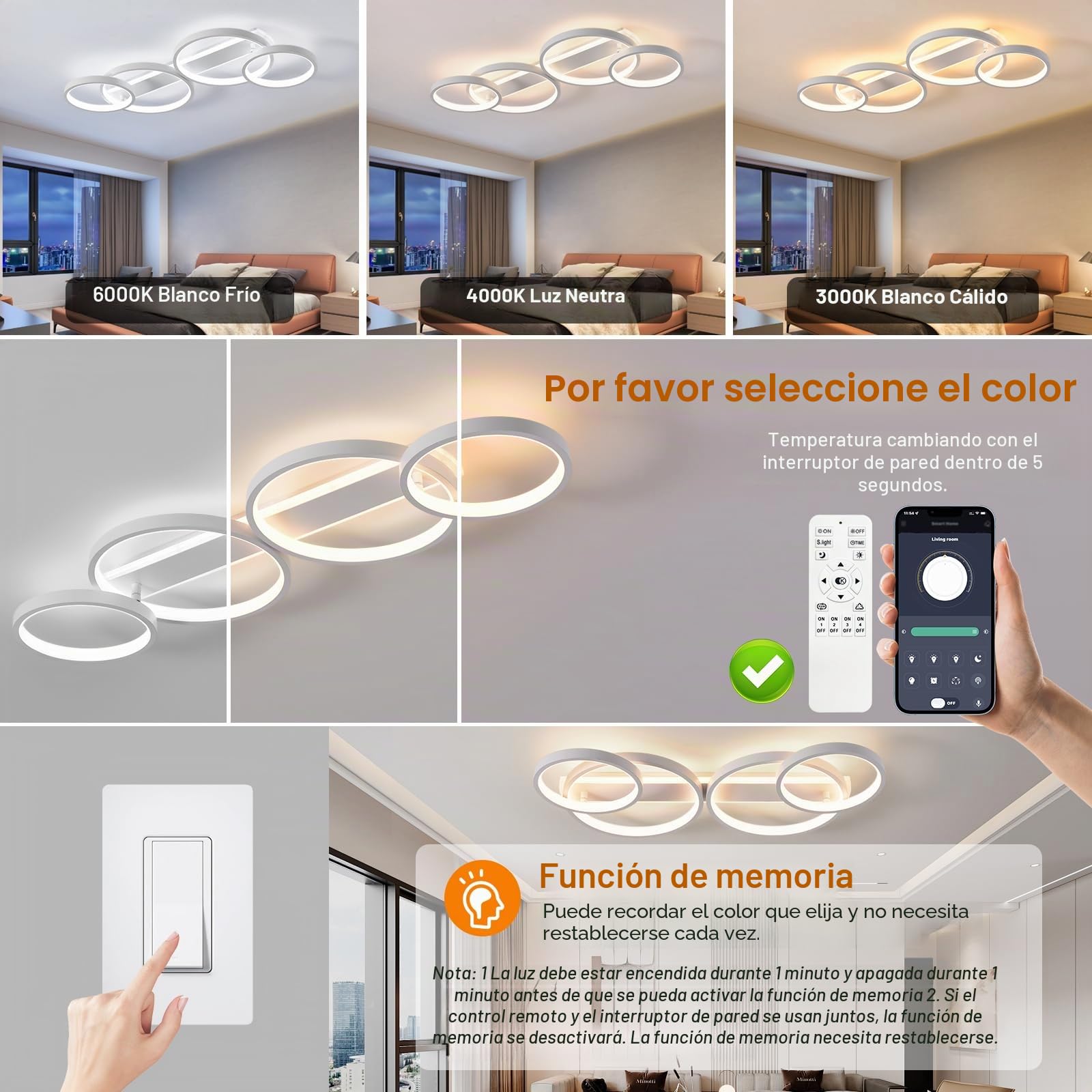 MYCUL Lámpara LED de Techo Regulable con Mando a Distancia APP,Blanco,86cm | Lámpara de Salón Ajustable en Forma de Anillo,Lámpara de Araña de 4 Luces,48W Iluminación de Techo para Dormitorio