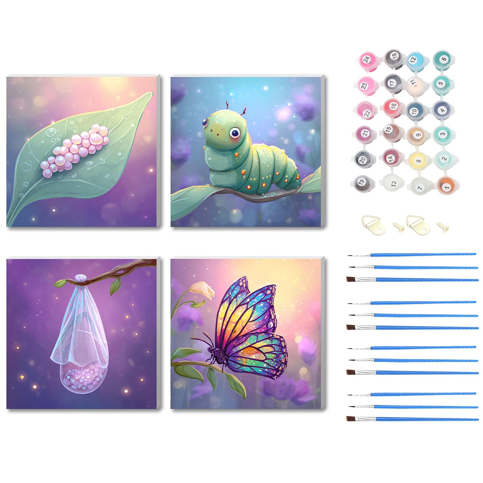 Nanjdian Butterfly Wooden Framed 4 Pack Paint By Number For Kids,Diy Painting Kits For Children Ages 8-12,Color By Numbers Acrylic,Paint By Number Canvas Crafts Watercolor For Beginner Home Decor (Butterfly)