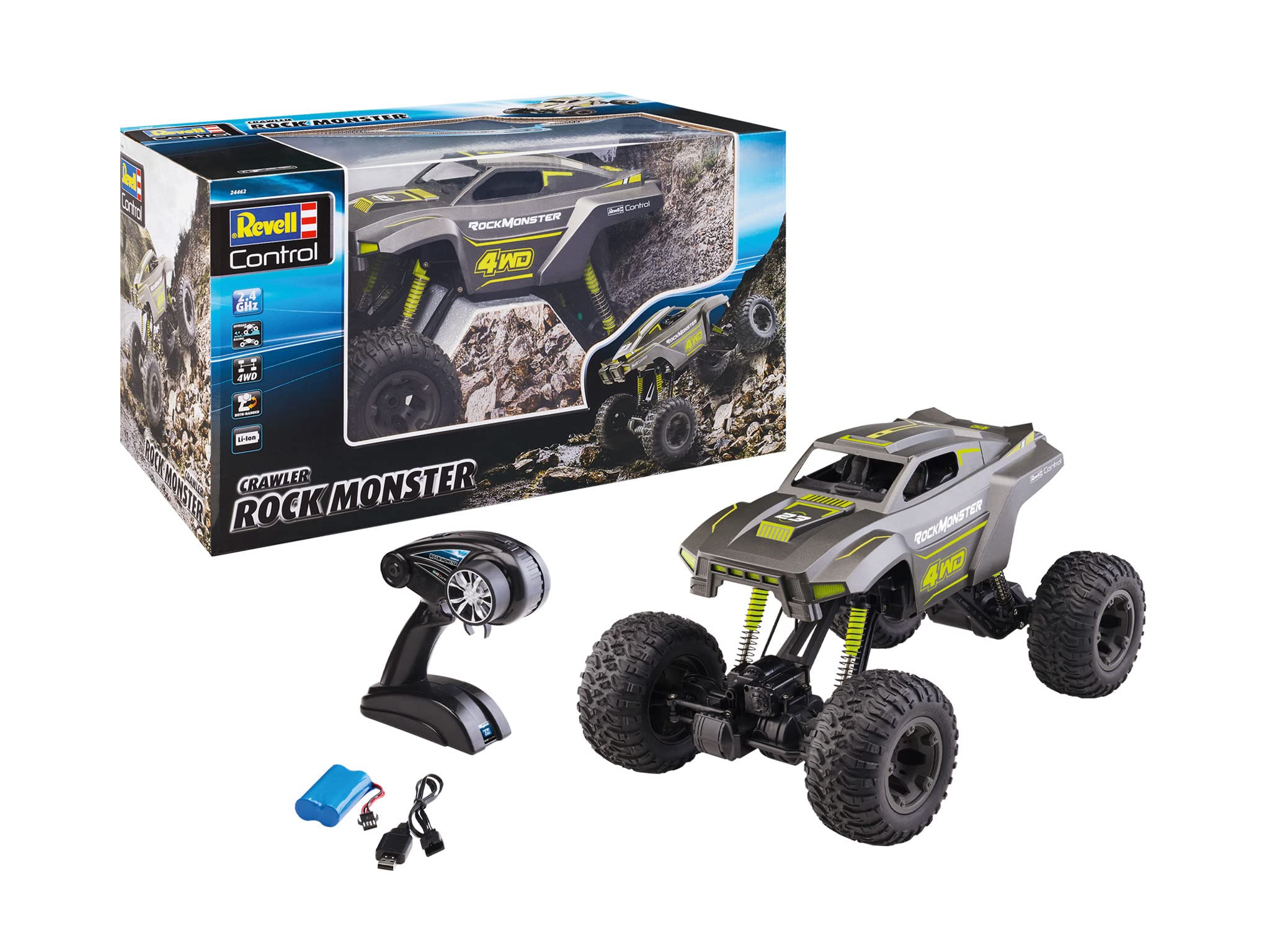 Revell Control 24462 RC Crawler Rock Monster, 2.4 GHz Remote Control, Proportional, Height-Adjustable Landing Gear, Left and Right Hand Remote Control Car, 43cm