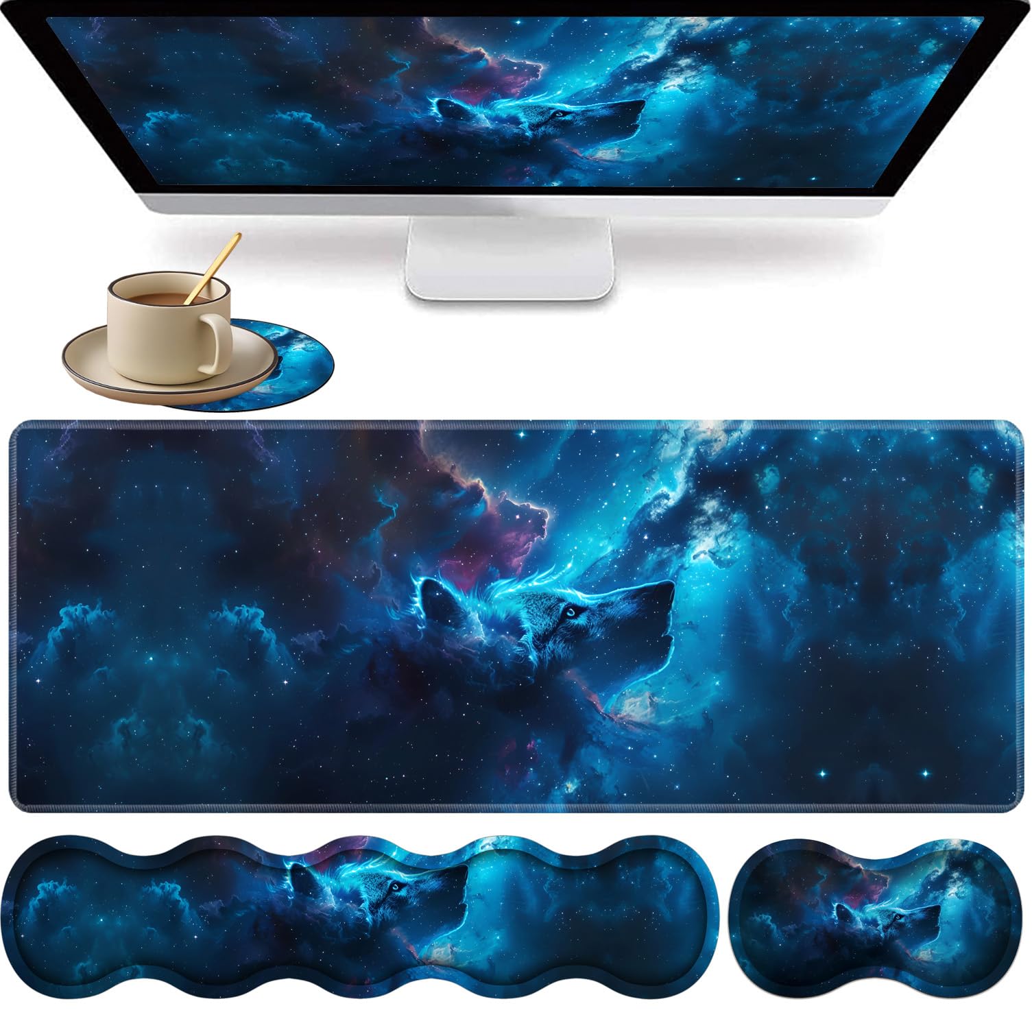 Large XXL Gaming Desk Mat 31.5"x 11.8", Ergonomic Keyboard Wrist Rest & Mouse Pad Wrist Rest + Coaster Set, Non-Slip Base, Memory Foam, Office and