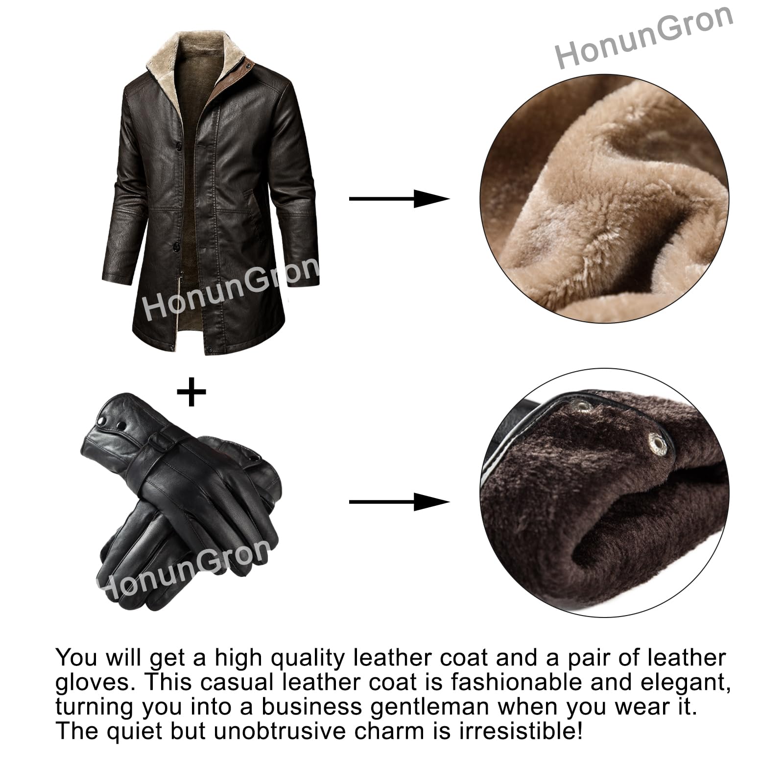 Cazadora Cuero Hombre, Talla Grande de Solapa Cazadora Cuero Invierno Larga Cálido Chaqueta Cuero Chaqueta Polipiel con Guantes de Cuero