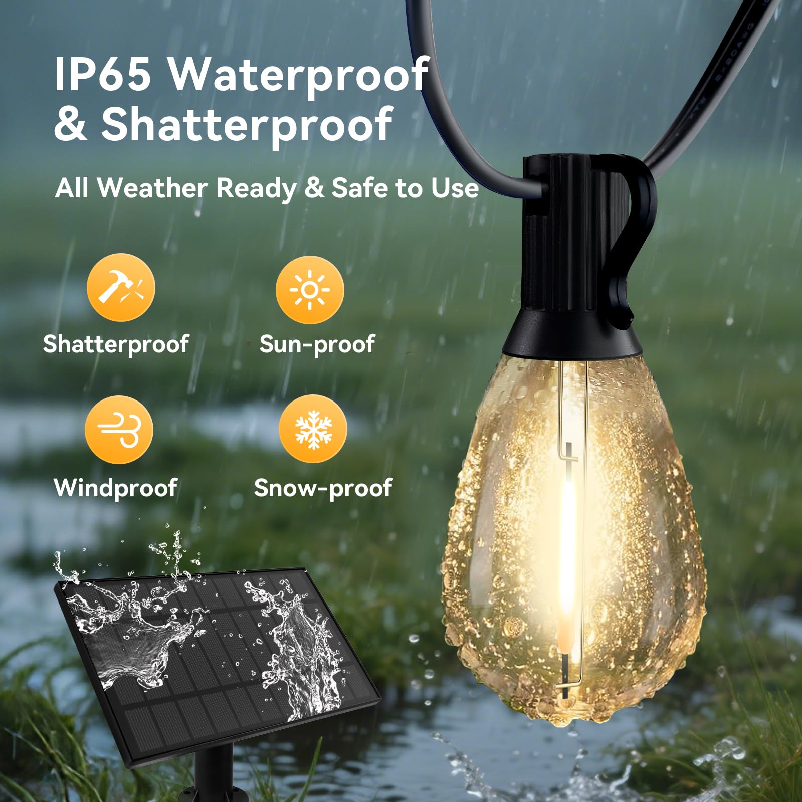 HJQ Guirnalda de luces solares de 120 pies (60 x 2) para exteriores, impermeables, luces solares para patio con control remoto y puerto USB, 20 + 1 bombillas LED inastillables, 3 modos, iluminación