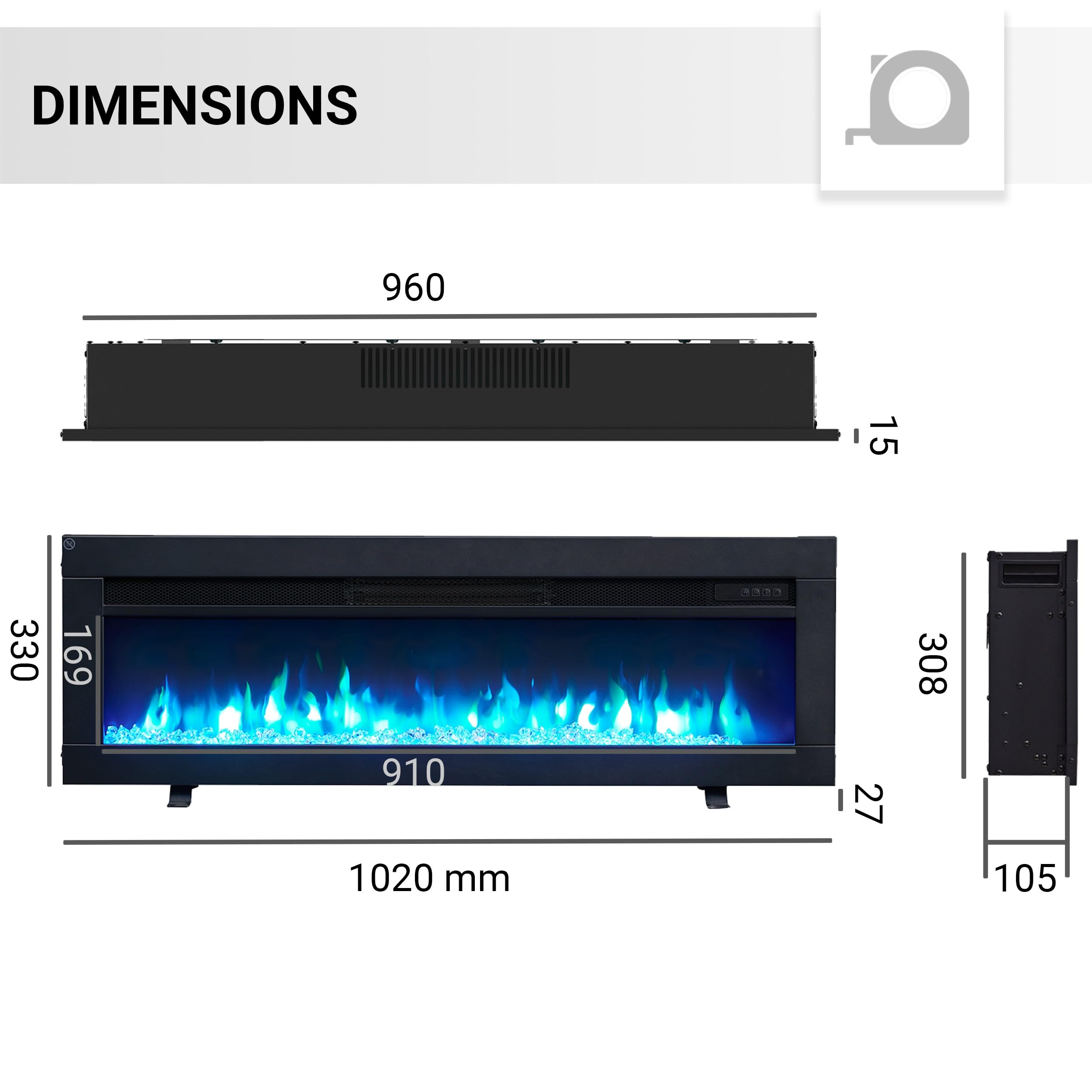 BALDERIA Agnes 40" Foyer Électrique - Foyer électrique encastré avec Chauffage 1000/2000 W, Effet de Flamme 3D réaliste, Télécommande programmable, Minuterie, Thermostat - Noir