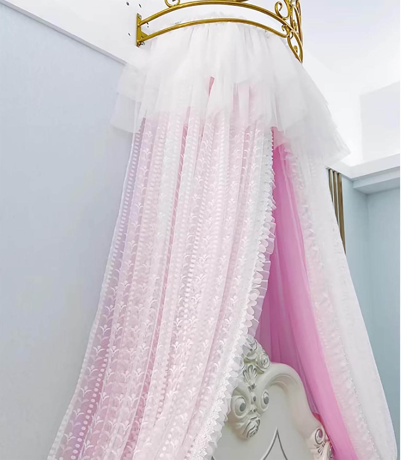 BK&MF Princess Crown Bed Canopy for Girls' Bedrooms, Romantic Lace Tulle Bed Curtain, Elegant Hanging Bed Canopy for Kids' Bed & Wedding Decor,A,120cm(48") Full