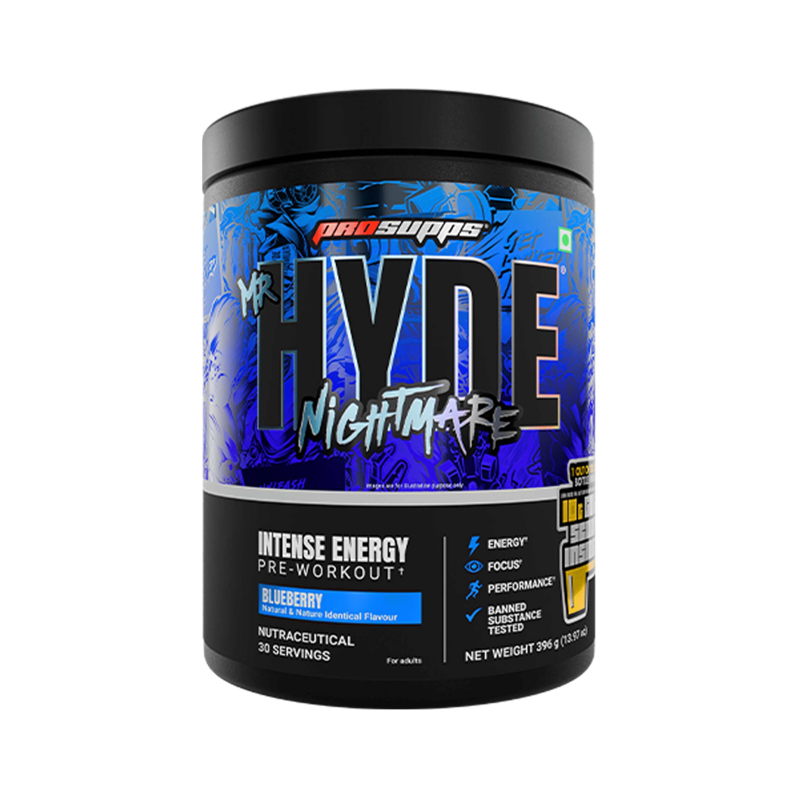 PS PROSUPPS Hyde Nightmare Pre-Workout Powder - (30 Servings, 396g) | 6000mg L-Citrulline, 3200mg Beta-Alanine | Supports Muscle Health | Banned Substance Tested | For Men & Women | Vegan (Blueberry)