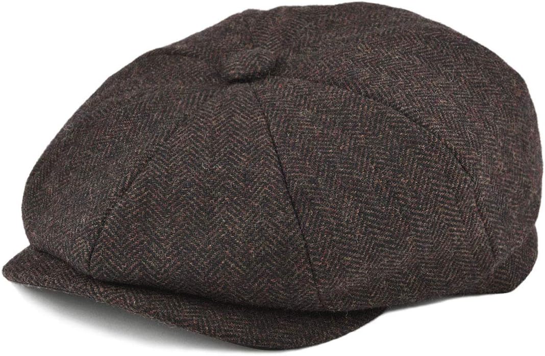 BOTVELAMens 8 Panel Wool Blend Herringbone Tweed Flat Cap