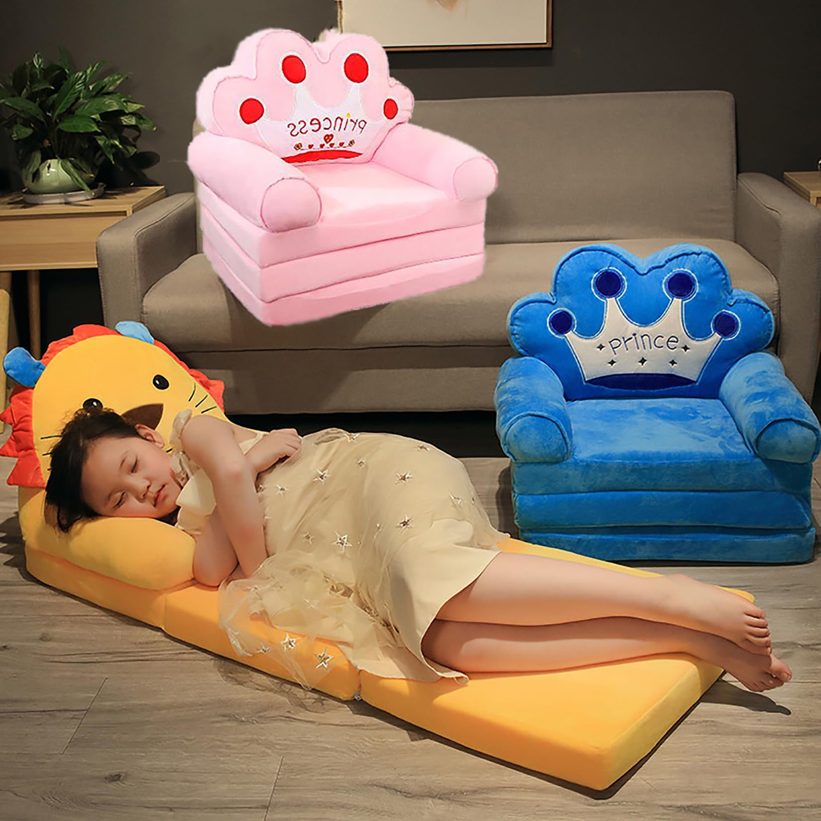 Canapé Pliable pour Enfants, Lion Fauteuil en Peluche pour Enfants, Fauteuil-Lit Siège de Canapé Rembourré pour Filles Et Garçons,H