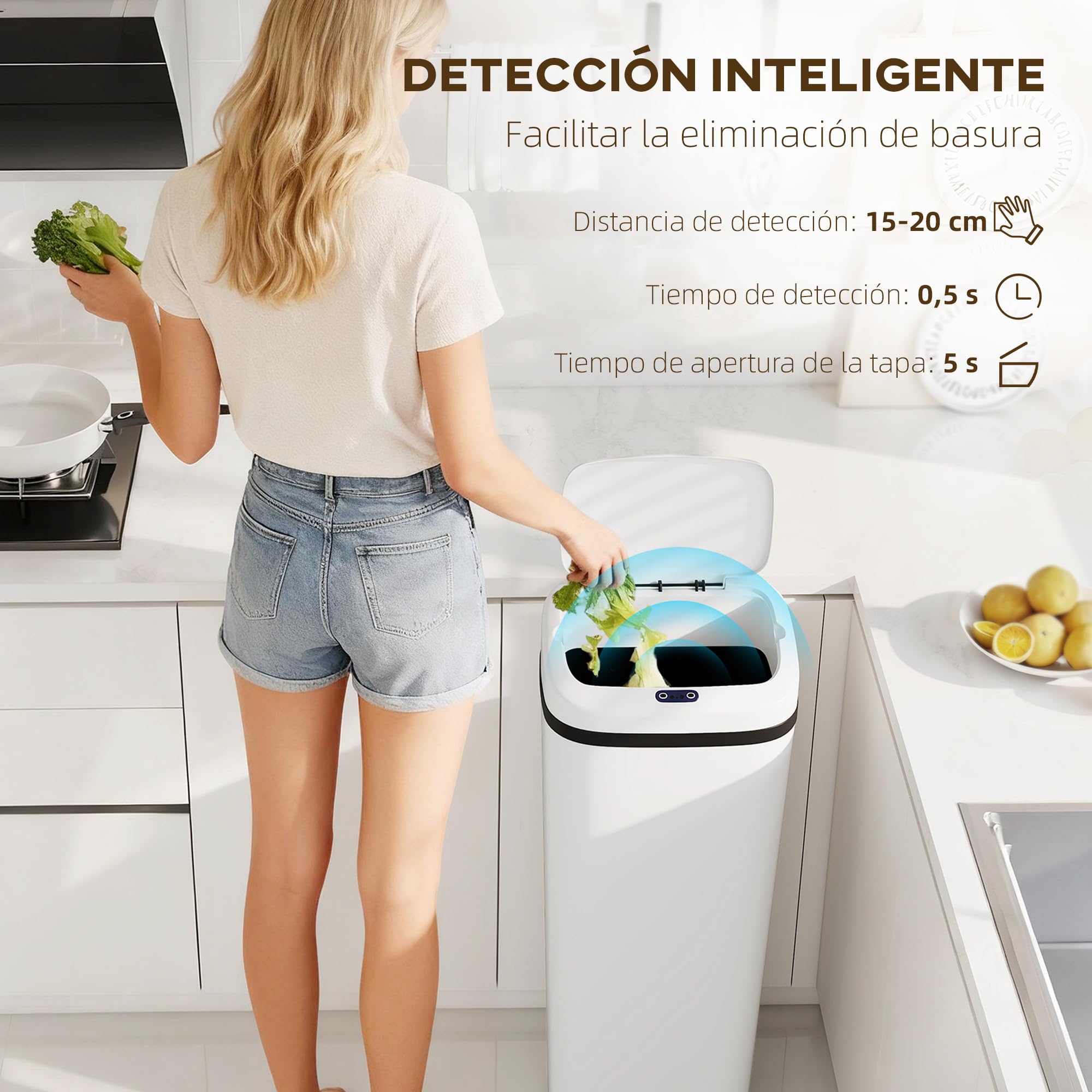 HOMCOM Cubo de Basura Cocina Automático 50 L con Sensor Infrarrojo Blanco | Papelera de Cocina Estrecha de Acero Inoxidable, Modo Manual, Anillo de Retención, Antihuellas, para Oficina Hogar