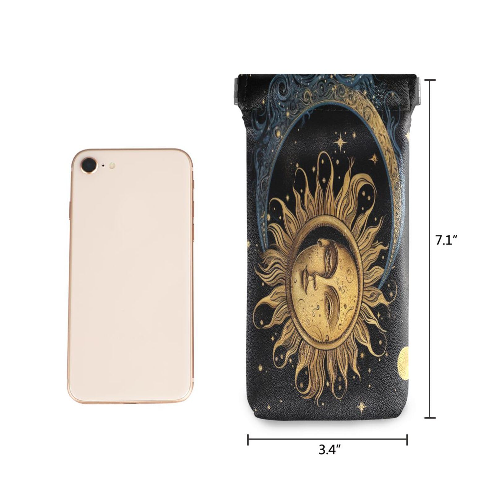 FLildon Sun and Moon Eyeglasses Pouch Squeeze Top Sunglasses Case Soft PU Leather Eyeglass Bag for Men Women