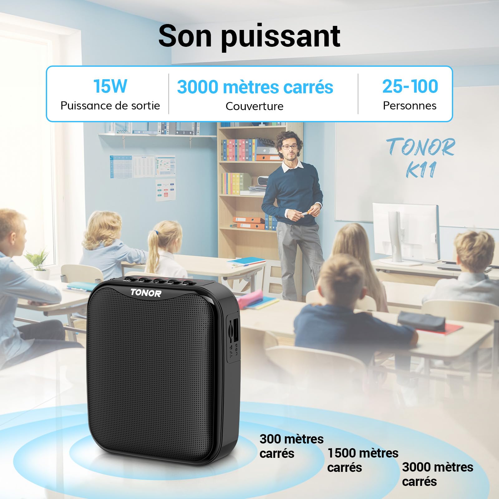 TONOR 15W Amplificateur Vocal Portable pour EnseignantsMicrophone Sans Fil Bluetooth Rechargeable avec Casque Filaire pour Enseignement/Formation/Yoga/Discours/Réunion/Guides Touristiques, 25 M,K11