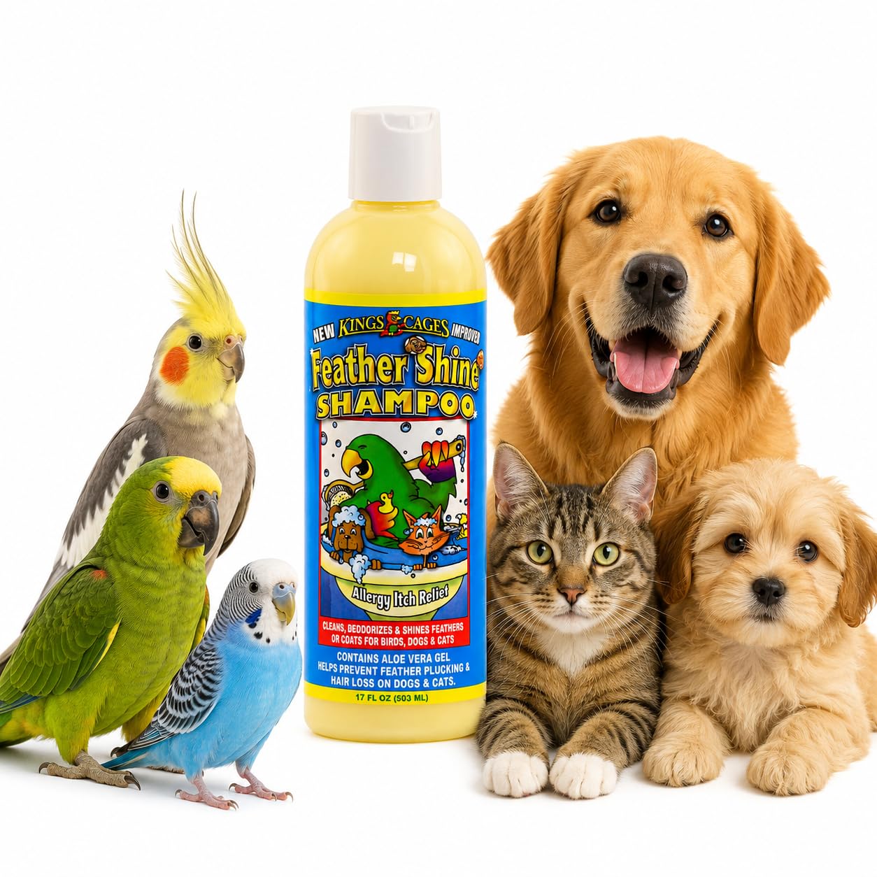 Kings Cages Feather Shine Shampoo 17 oz with Aloe Vera Gel for Bird Feather, Cat Fur, and Dog Skin Cleansing and Grooming Care