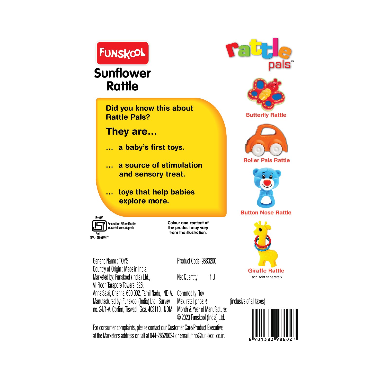 Funskool Giggles - Sunflower Rattle , Colourful rattle for New Born Baby, Stimulates Senses,Rattling sound, 6 months & above, Infant Toys 1