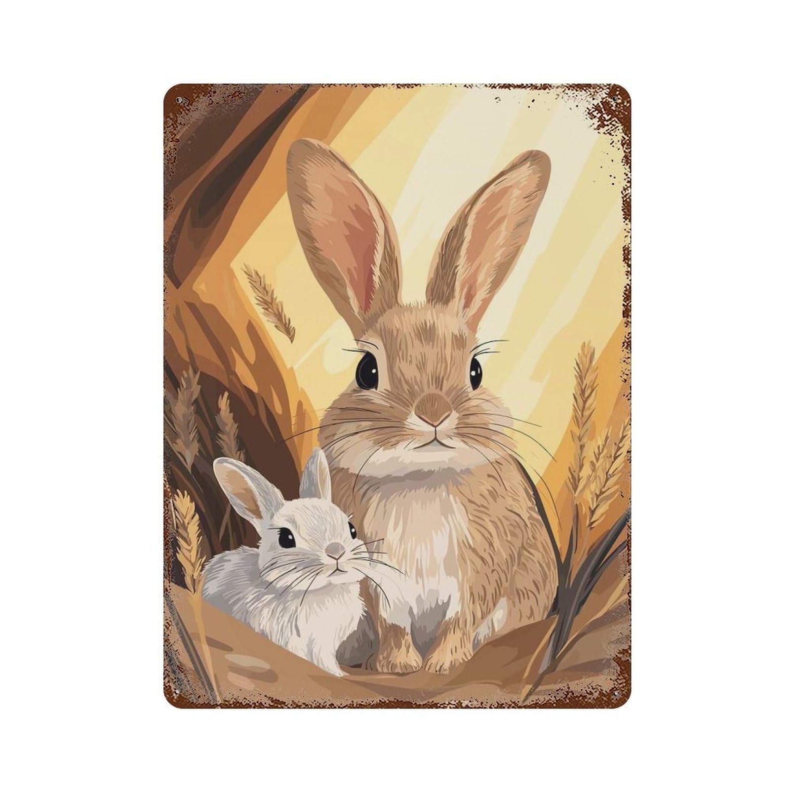 Retro Metal Sign with Two Bunnies in A Meadow Design 15.7"x11.8", for Living Room, Hallway And Home Decor, Vintage Wall Decor