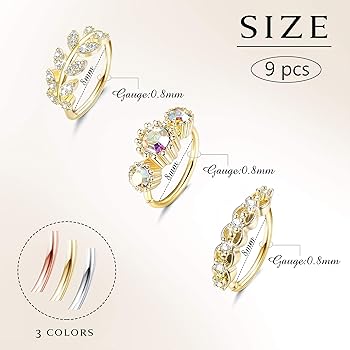 12 Anelli Per Piercing Naso In Acciaio Inox - Set Farfalle, Api, Luna E CZ Per Setto O Orecchio - Foto 9