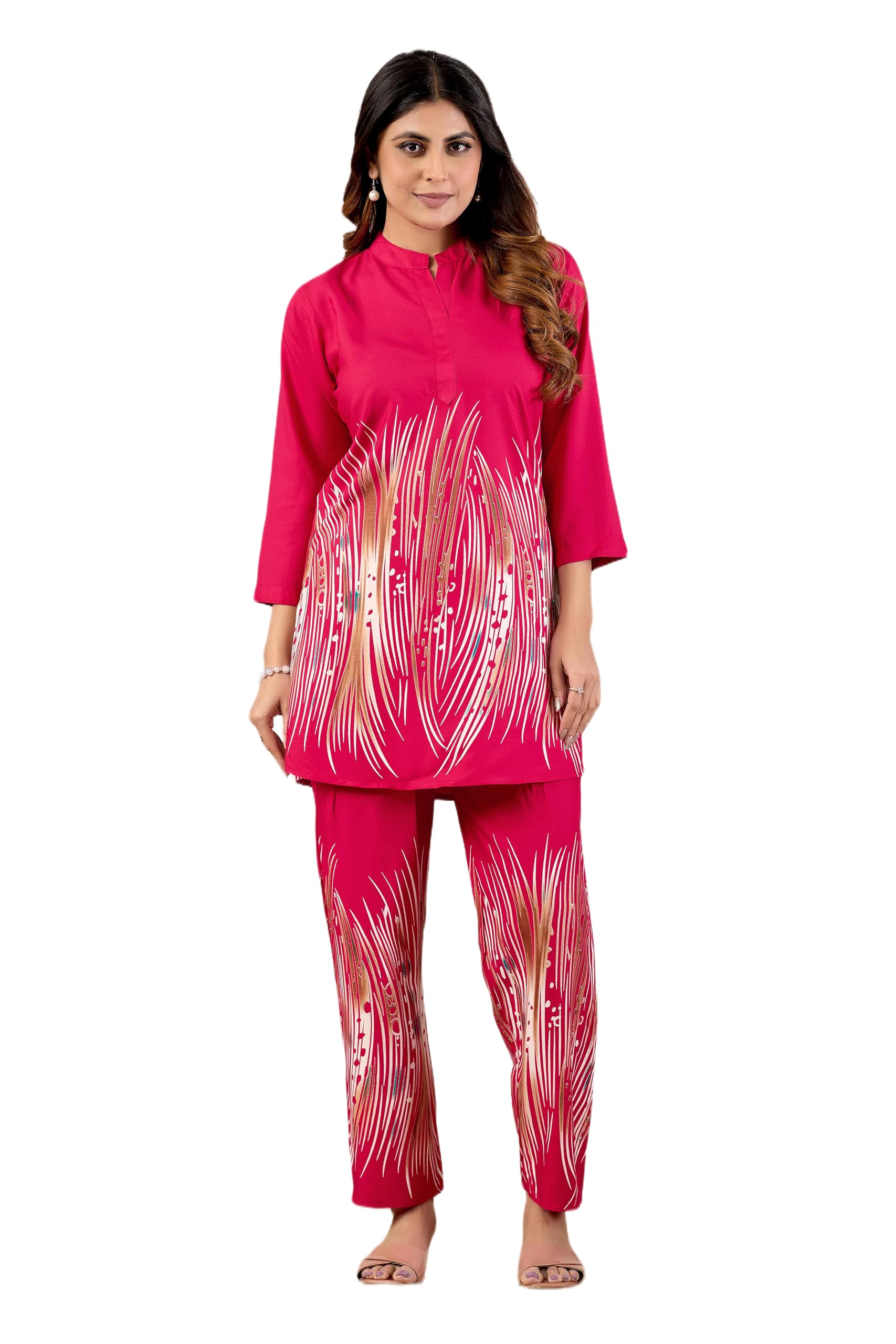 ¨ WomenÕs Flare Lining Printed Pure Viscose Rayon Top & Bottom Co-Ord Set for Office, Casual Wear-image-2