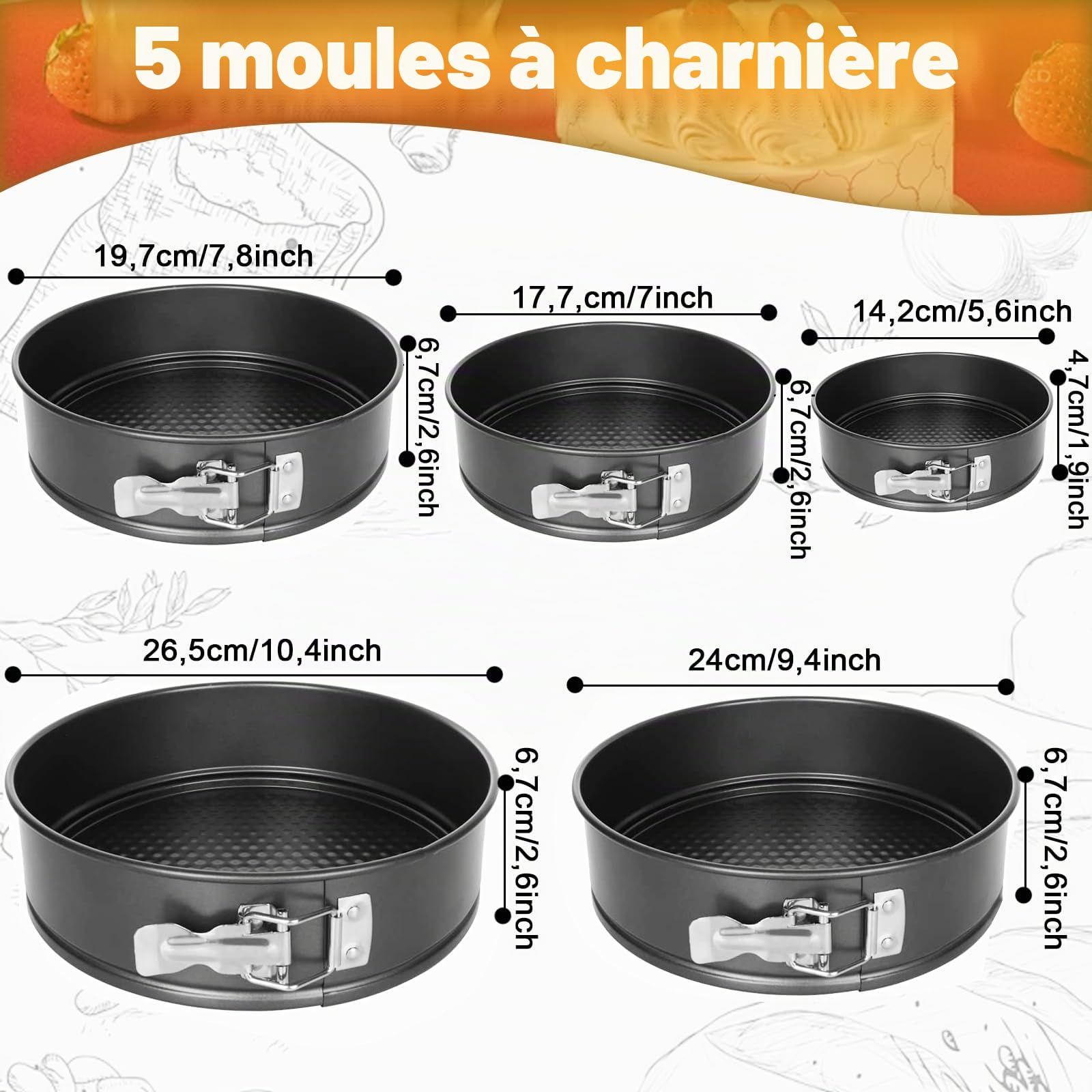 STARVAST 5 Pcs Moule à Gateau Rond à Charnière 14/18/20/24/26 CM, Moule à Gàteau Rond 5 Étages en Acier au Carbone, Moule à Gâteau à Charnière avec Fond Amovible pour Faire Gâteaux/Pizzas/Pain