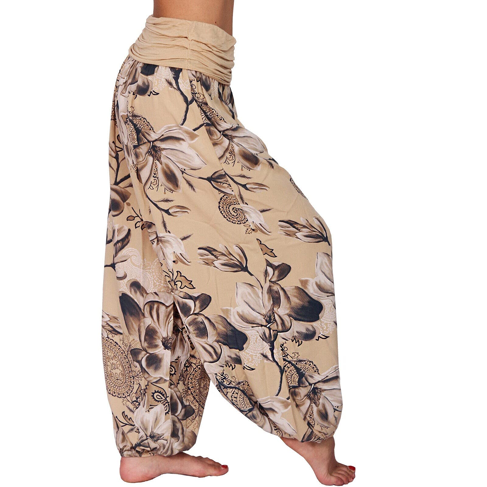 Haremshosen Damen Sommer Casual Blumenmuster Elastischer Bund Weite Beine Haremshose Übergröße Hippie Schlupfhose Elegant Weites Bein Damenhose Leichte Pluderhose Yogahose Aladinhose Pumphose