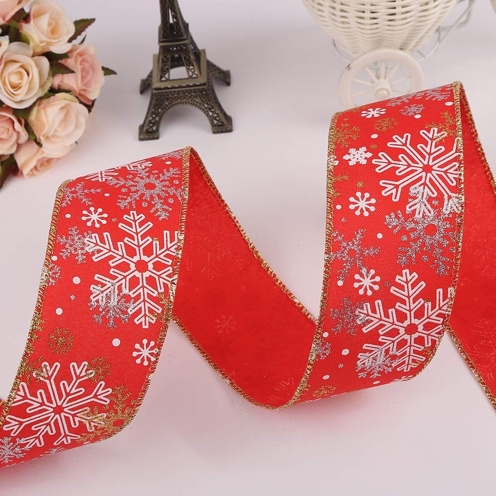 Wlflash Wired Ribbon,2-1/2" (10 Yards, Satin Snowflake,Red)
