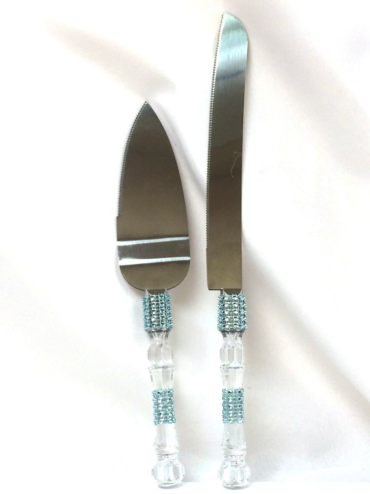 Light Blue Cake Knife & Server Set Design with Simulated Rhinestone for All Party Occasions
