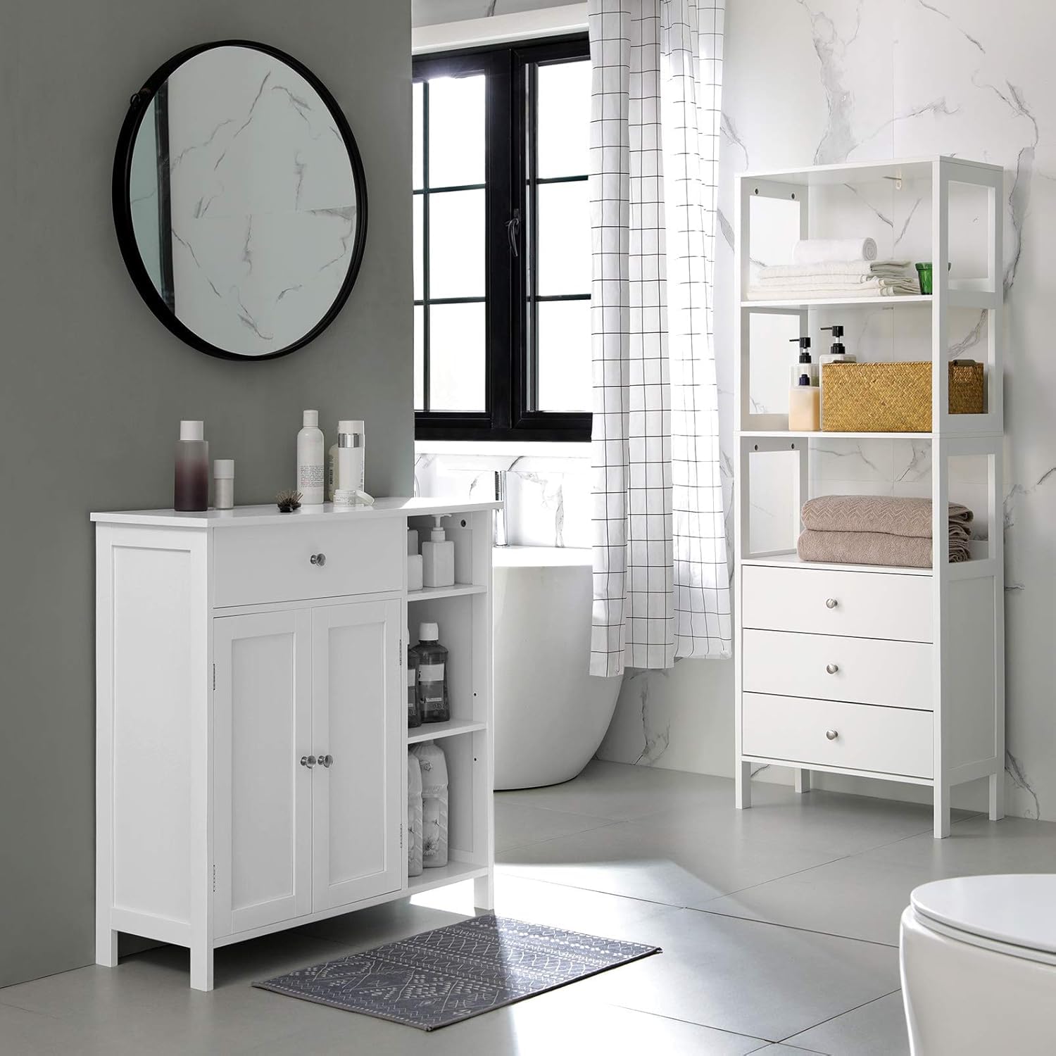 VASAGLE Meuble de Salle de Bain, Meuble de Rangement avec 2 Portes, Armoire de Salle de Bain avec Tiroir, 3 Compartiments Ouverts, Étagères Réglables, 75 x 30 x 80 cm, Blanc Nuage BBC142W01