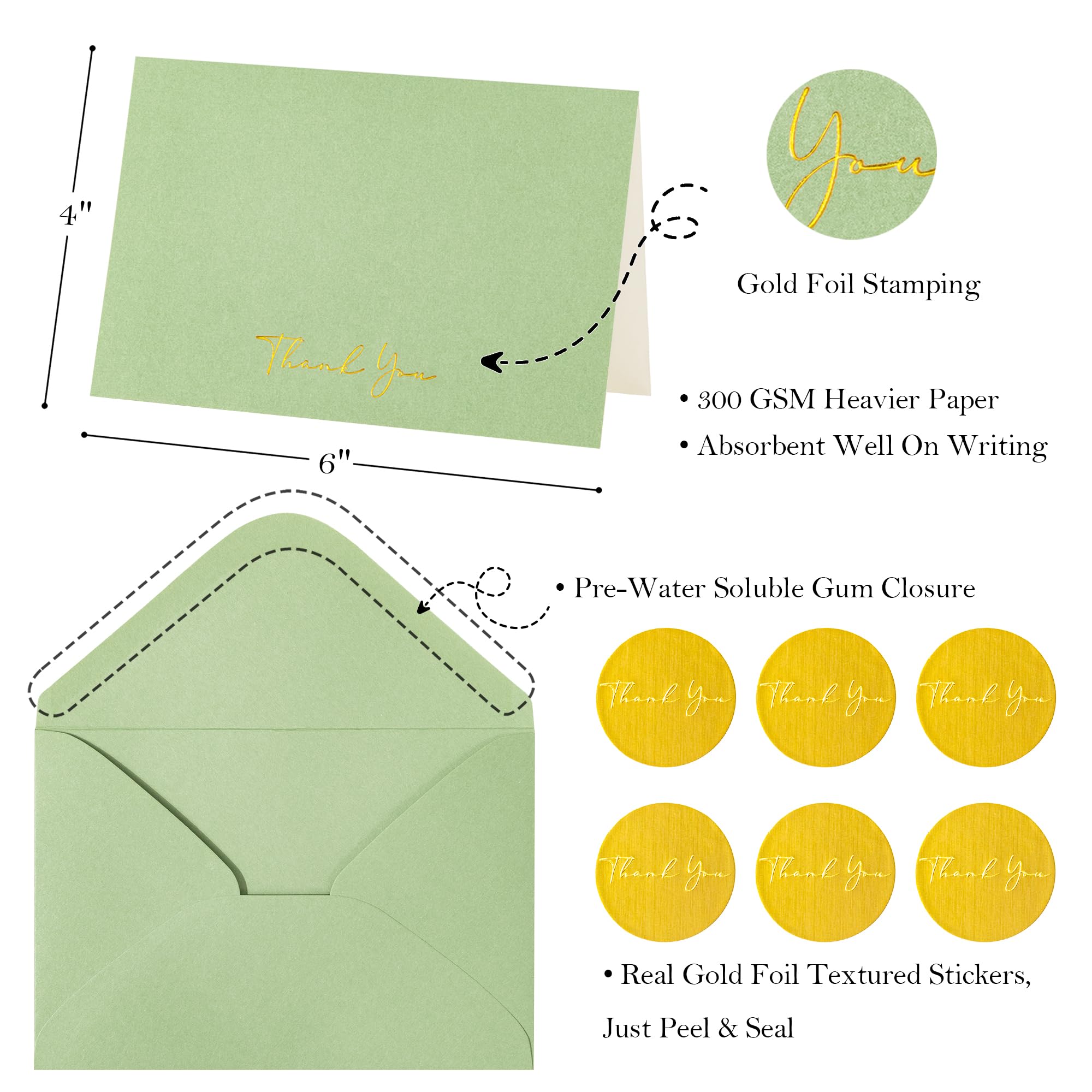 Crisky Lot de 50 cartes de vœux de remerciement avec enveloppe verte pour mariage, fête prénuptiale, fête prénatale, affaires, remise de diplôme