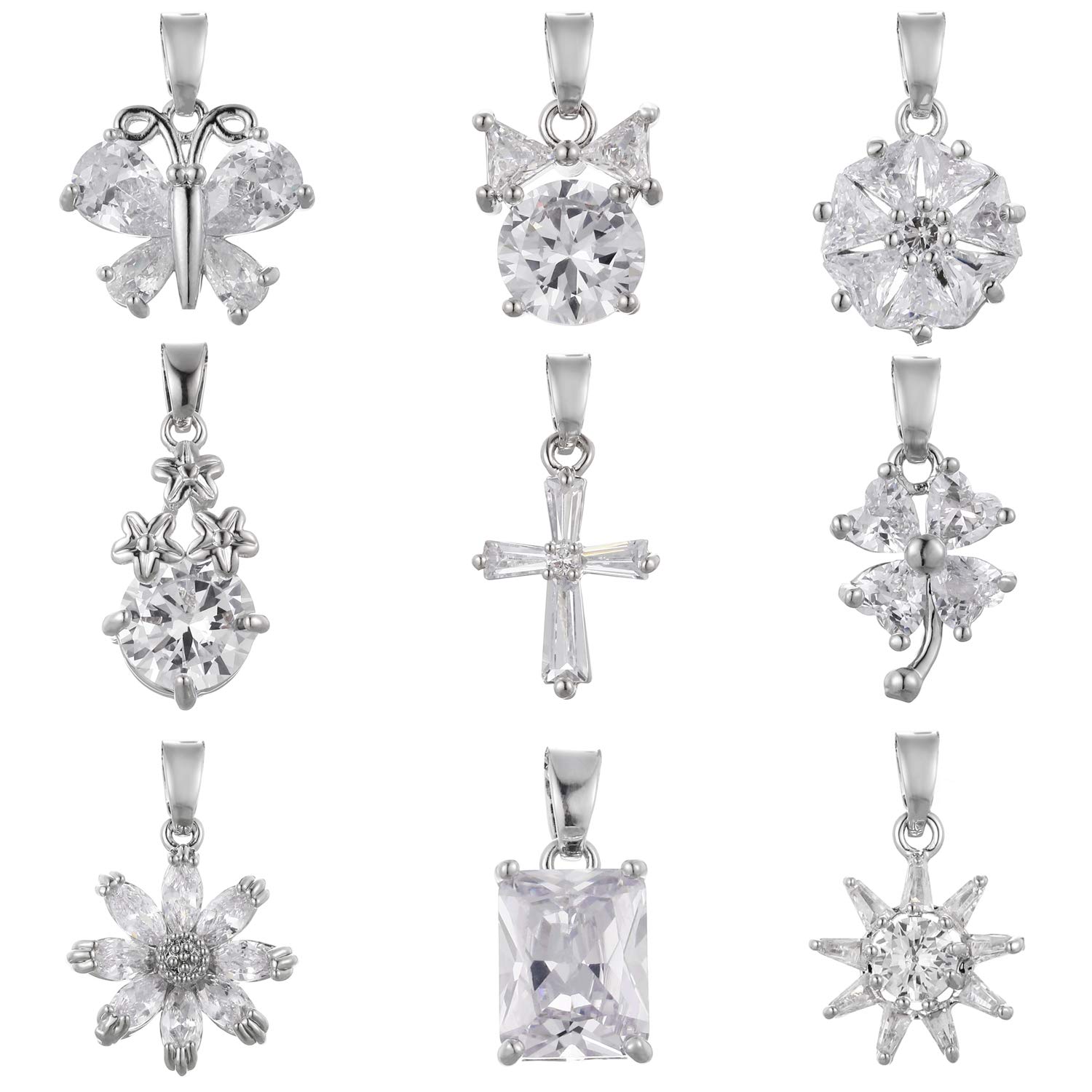 9pcs Cubic Zirconia Pendant, Flower Teardrop Cross Butterfly CZ Crystal Bead Charms for DIY Gemstone Necklace Earrings, Assorted Sparkling Jewelry Making Accessories
