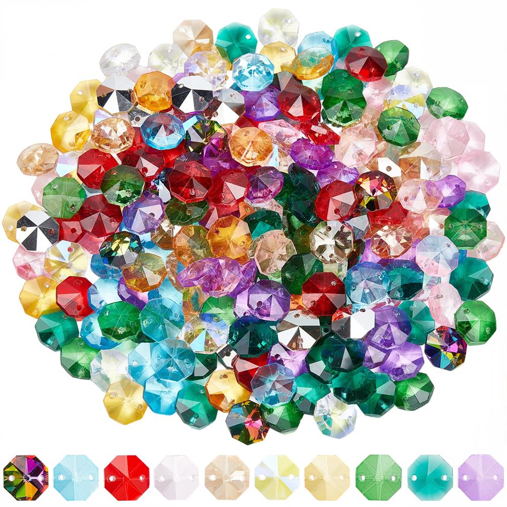 SOFPLATE 1 Box 240Pcs 10 Colors 14mm Glass Octagon Beads Crystal Suncatcher Beads with 2 Hole Colorful Sun Catcher Supplies Chandelier Replacement Connector Spacer for DIY Hanging Pendant Jewellery
