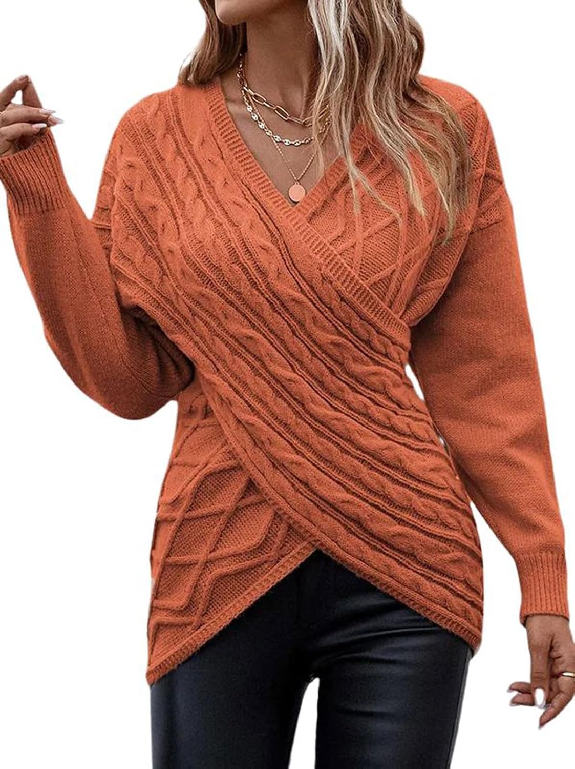 utcoco Women's Sexy V Neck Off Shoulder Cable Knit Sweaters Criss Cross Wrap Ruched Pullover Fall Tops