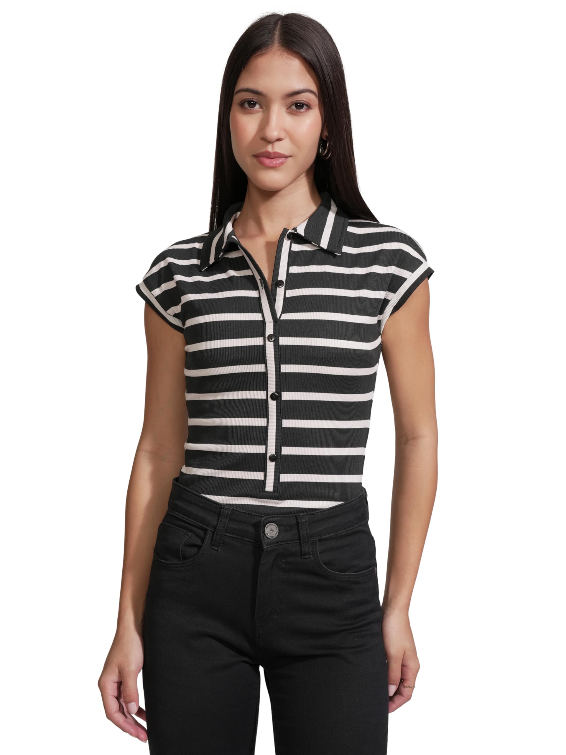 tokyo talkies Women SHIRT COLLAR Bodysuit TTBT000158 BLACK/WHITE S-picture-14
