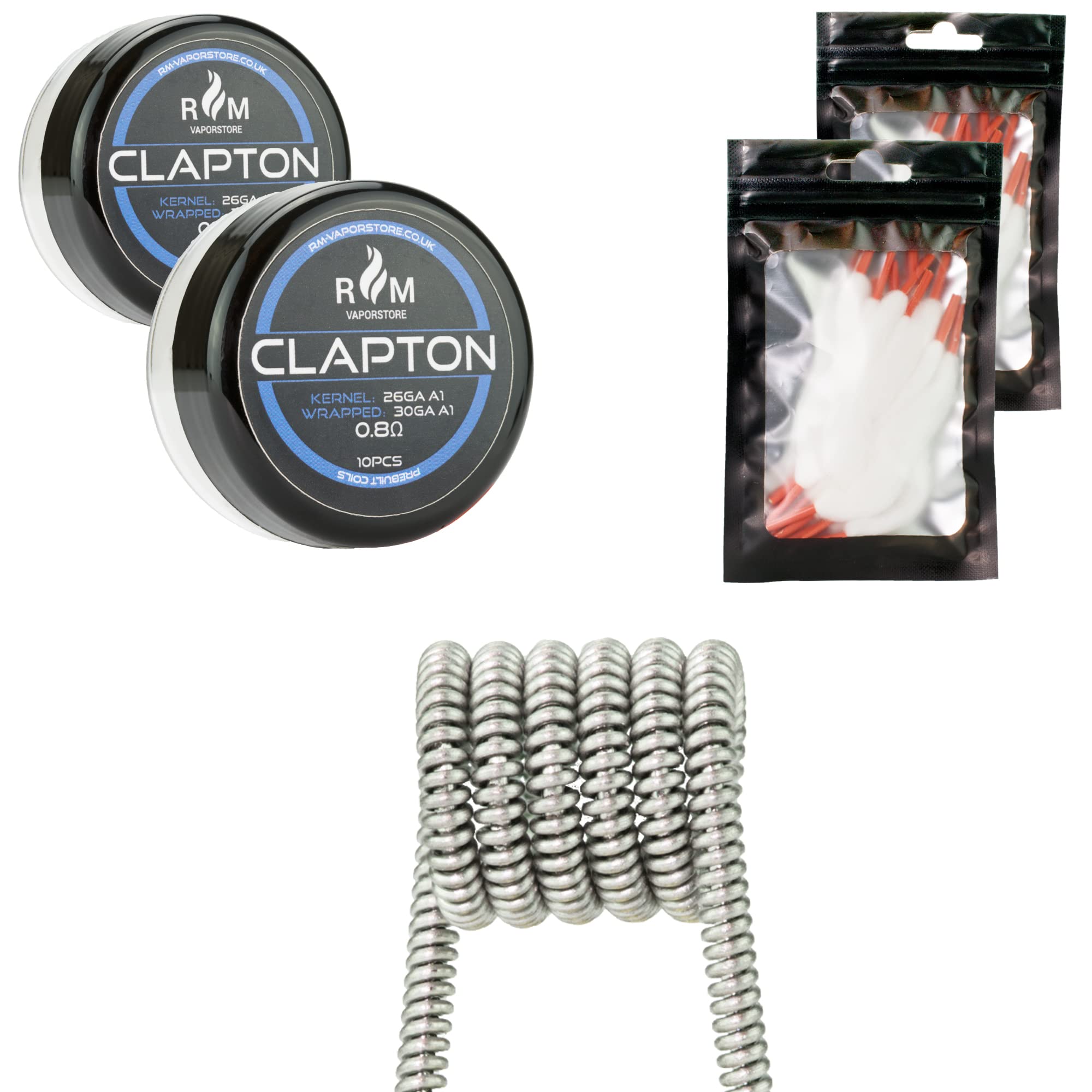 Prebuilt Clapton Coils 0.8Ω A1 20pcs & 20pcs Shoelace 100% Organic Cotton for RDA RBA RDTA Tanks - Prebuilt Coil Vaping Accessories - Plastic Tub (20PCS Coil & 20PCS Cotton)