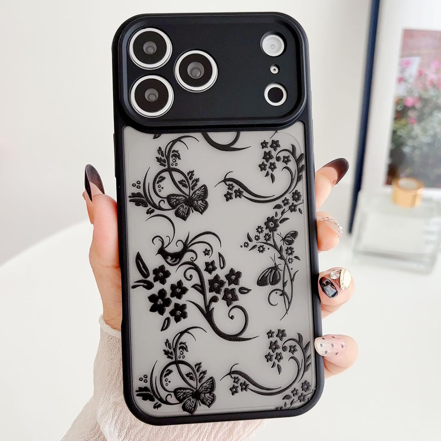 for iPhone 17 Pro Case, Cute Floral Butterfly Lattice Print Design Phone Case, Soft TPU Shockproof Protective Cover for Girls Women-Black
