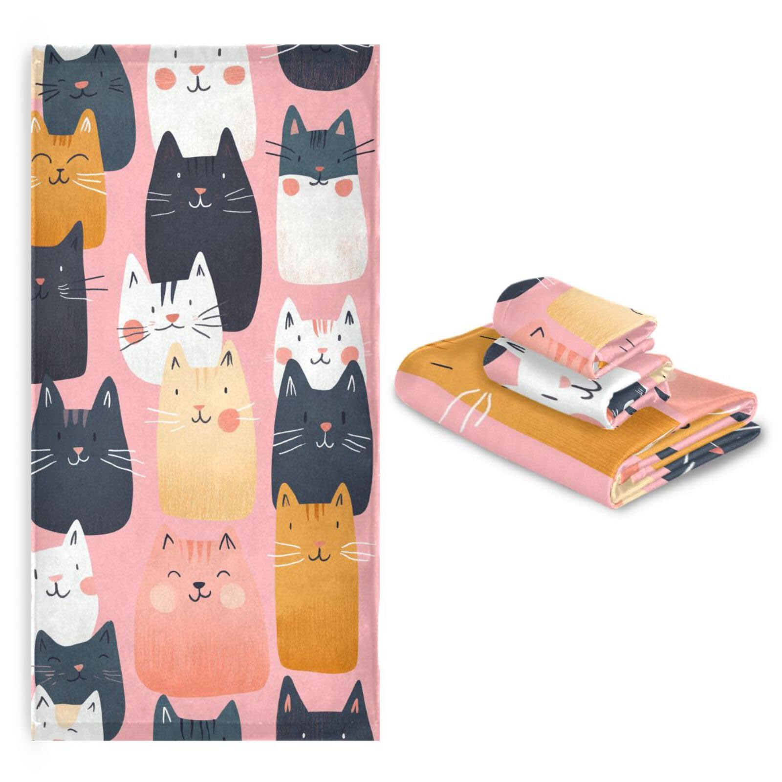 Set di 3 asciugamani da viso con illustrazione di gatto in stile cartone animato, 3 pezzi, 1 asciugamano da bagno, 1 asciugamano per le mani, 1 panno per il viso del corpo