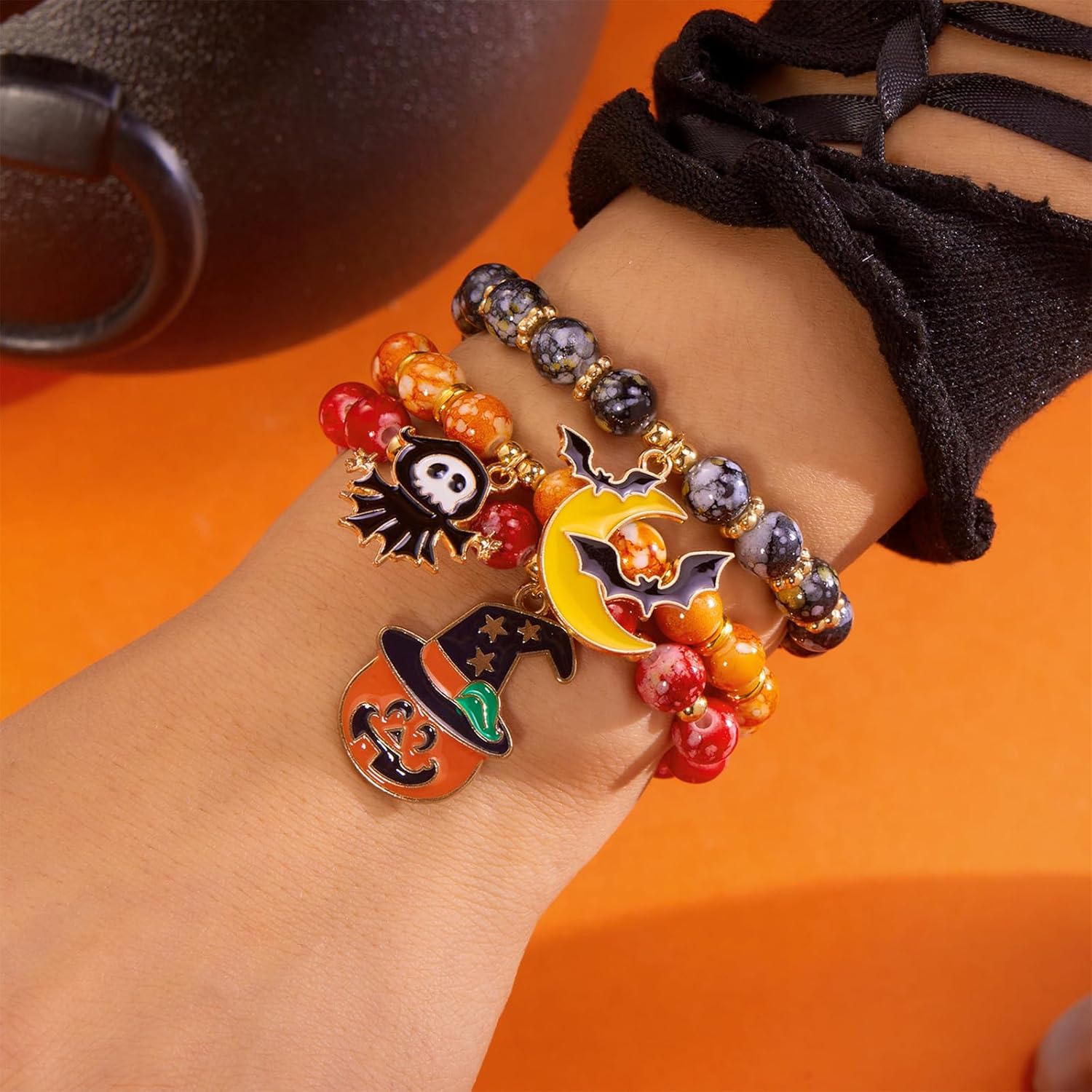Halloween Charm Bracelets Pumpkin Ghost Bat Moon Witch Hat Cat Stackable Bracelet Cute Spooky Halloween Costume Accessories - Image 2