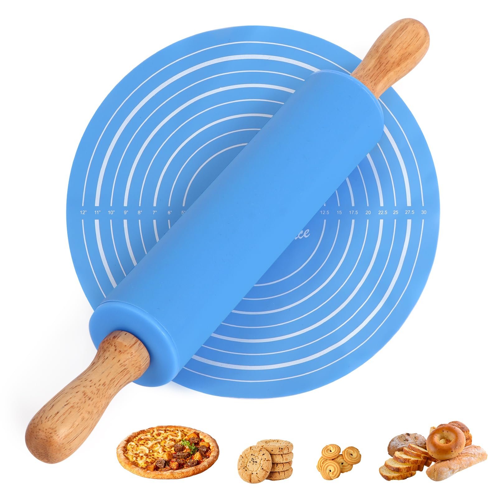 Minicoco Rolling Pin with Baking Mat 12In Silicone Baking mats Set Blue Rolling Pins Non-Slip Non-Stick Professional Dough Roller for Pastry Pizza Fondant Cookies Baking Accessories Wooden Handle