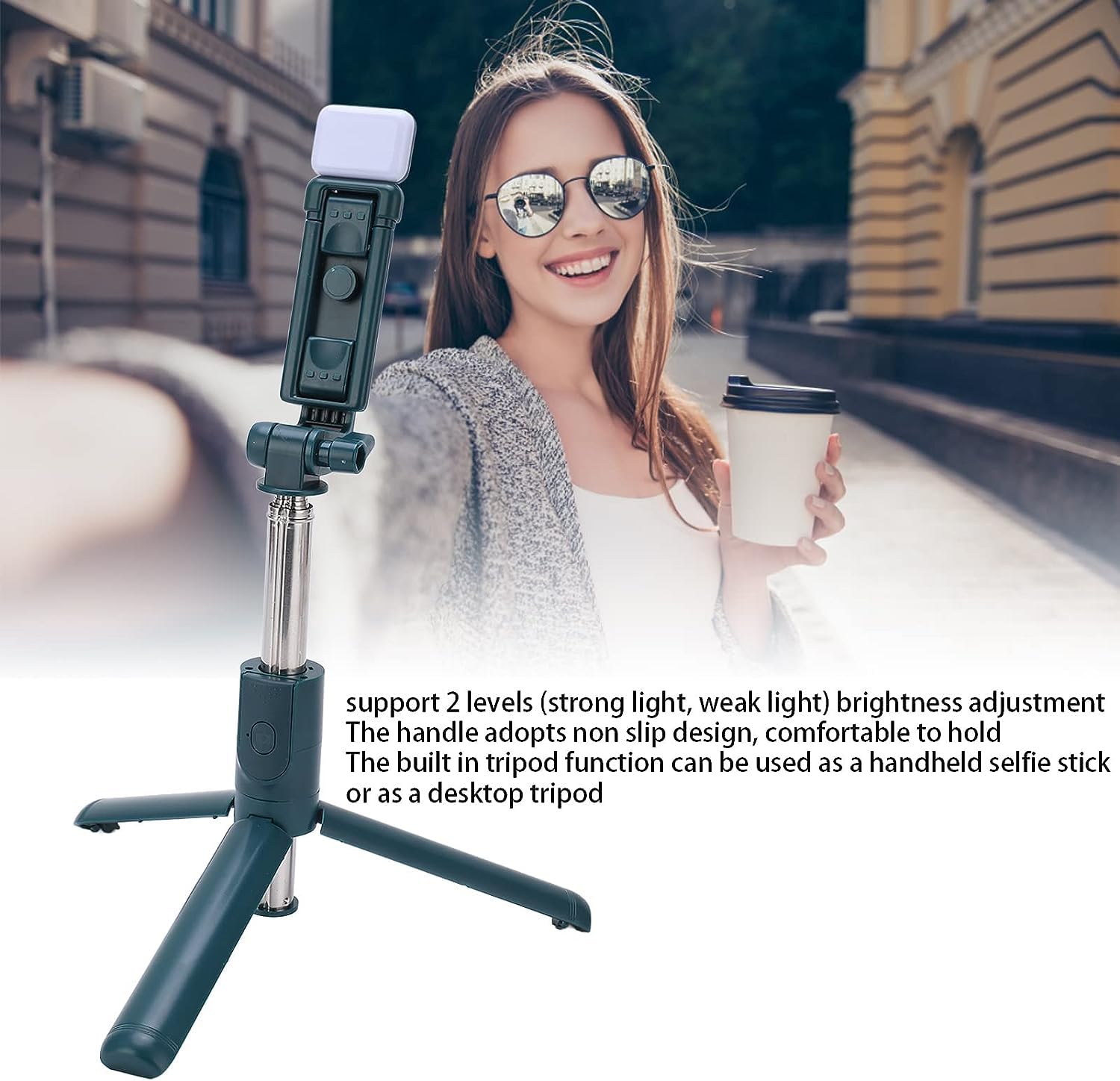 Statyw do kijka do selfie Bewinner ze zdalnym, wysuwanym statywem do kijka do selfie i światłem wypełniającym, kompatybilny z telefonem 13/13 Pro/12/11/11 Pro i smartfonem z systemem Android do nagryw