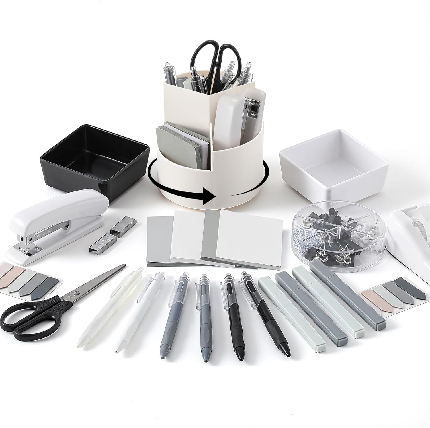 Kosiz 27 Pcs Black White Desk Accessories Gift for Aesthetic Desk Organizer Neutral Office Supplies Pen Holder Stapler Binder Sticky Notes Paper Clips Scissor Staples for Women(Classics)