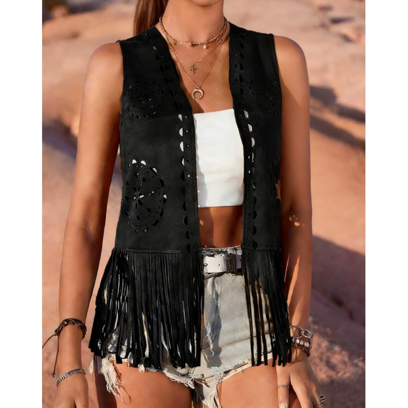 Donne ' s Moda Frange Vest Design Traspirante Retro Hippie Outwear Senza Maniche per Abiti Quotidiani Damen Fransenweste Gilet