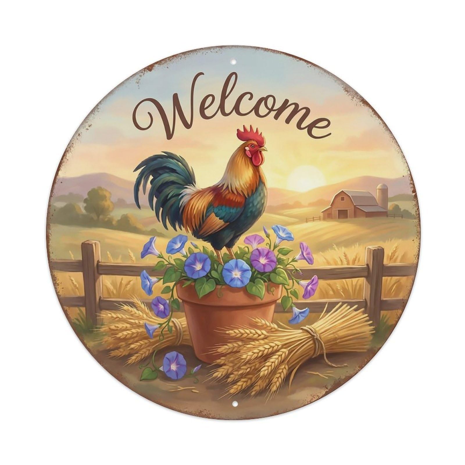Welcome Rooster Morning Glory Metal Tin Sign