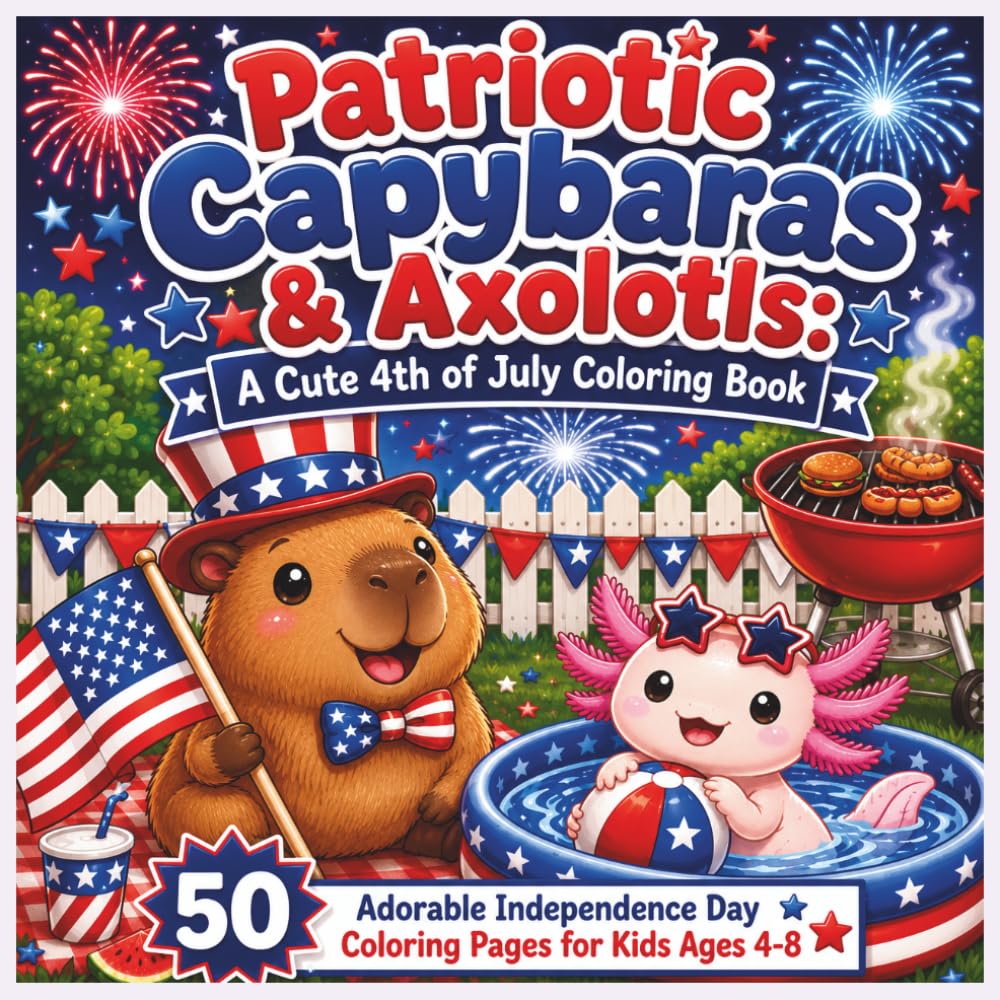 Patriotic Capybaras & Axolotls: A Cute 4th of July Coloring Book for Kids Ages 4-8 - 50 Adorable Independence Day Coloring Pages with Stars, Stripes & ... Day with Capybaras & Axolotls (Ages 4-8)