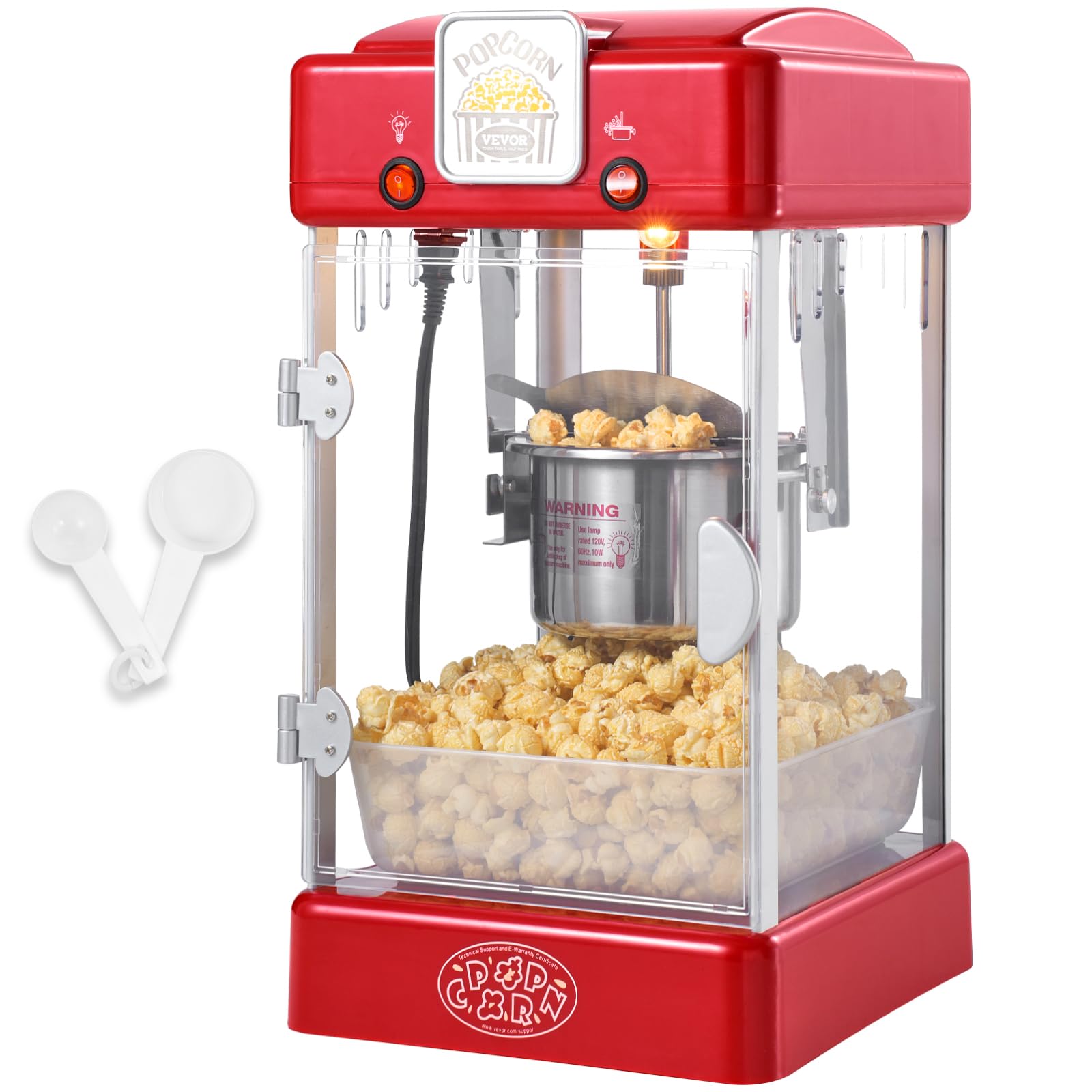 VEVOR Maszyna do popcornu, maszyna do popcornu 300 W, waga 3,25 kg, czajnik 0,07 kg, 3,78 kg na partię, stołowa maszyna do popcornu z drzwiami, w zestawie 2 łyżki tacy, styl teatralny, czerwony