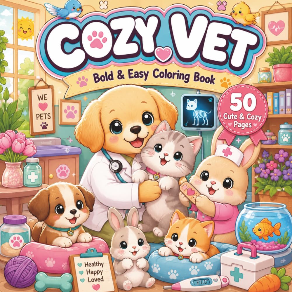 Cozy Vet: Bold & Easy Coloring Book with Adorable Animals, Cozy Veterinary Scenes, and Stress-Relieving Designs (Cozy Health Adventures)