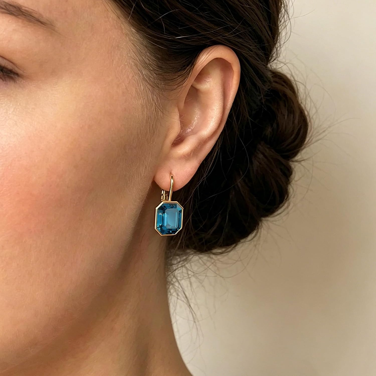 Austrian Crystal Octagon Leverback Drop Earrings for Women 14K Rose Gold Plated Hypoallergenic Jewelry