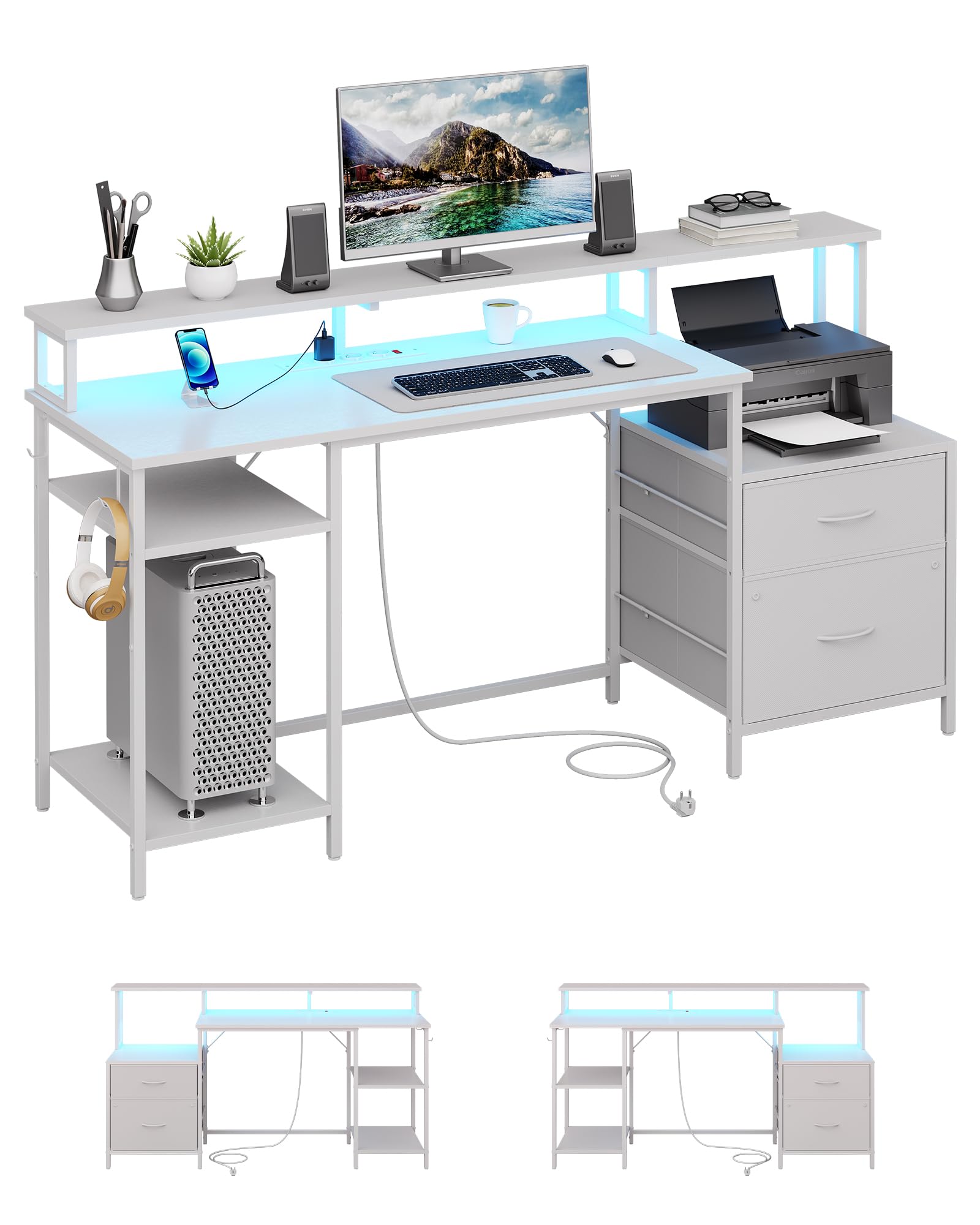 KIMENICH Mesa para Ordenador, Escritorio, Mesa Gamer con LED y Enchufe, Mesa Oficina con Estante para Impresora y Soporte para Monitor, 2 Cajones, 2 Ganchos, Estantes Ajustables, 160 cm, Blanco